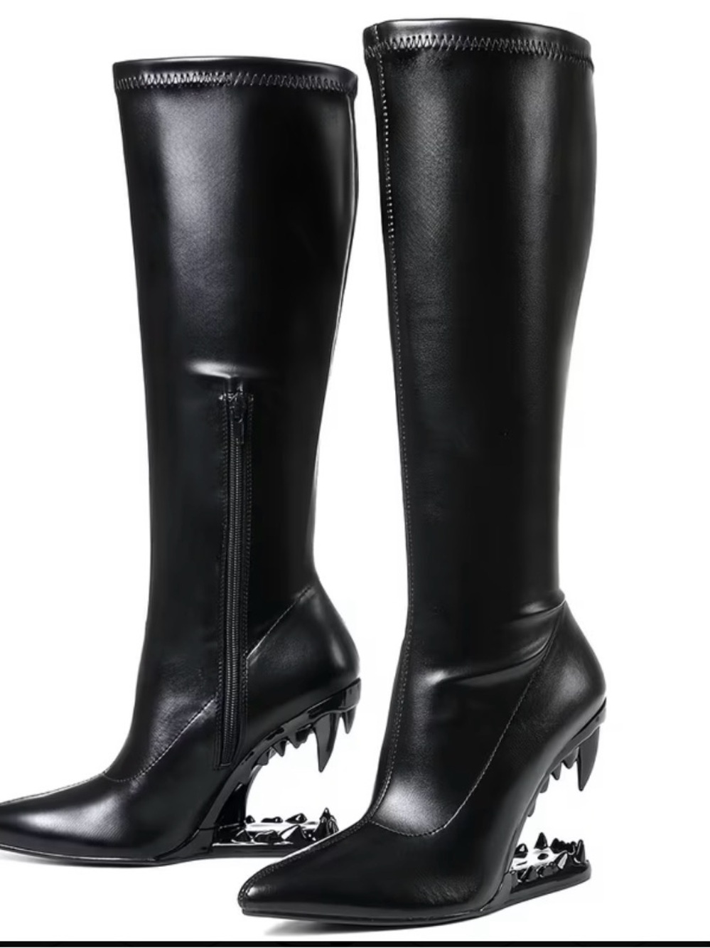 Pointed Knee-High Black Heeled Boots with Sculptural Cutout Wedge
